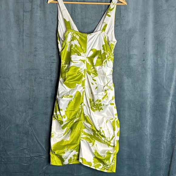 Beautiful Green and White Floral Satin Rouged Cocktail Dress - Picture 4 of 4